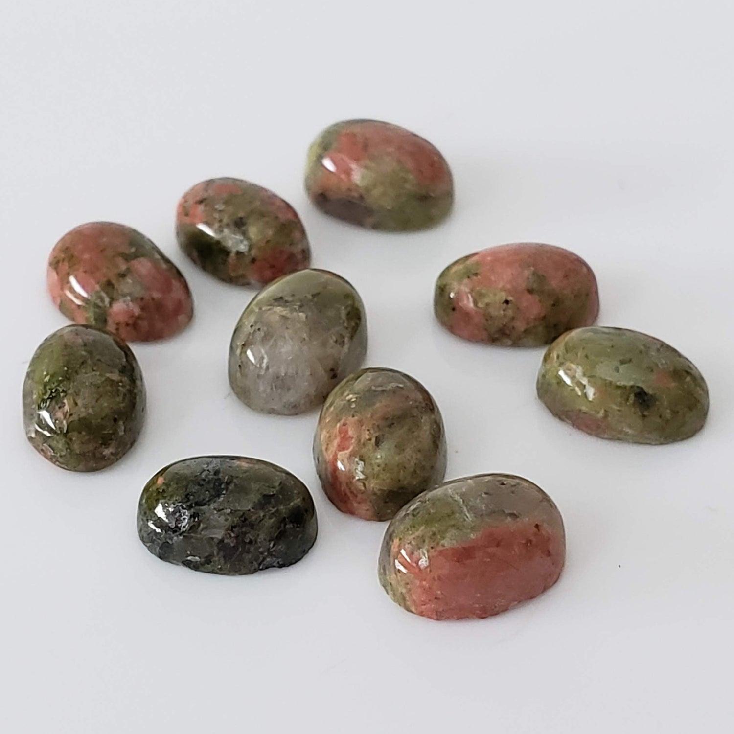 Unakite | 10 Piece Gemstone Lot | Oval Cabochon | Green With Red | 9.7tcw