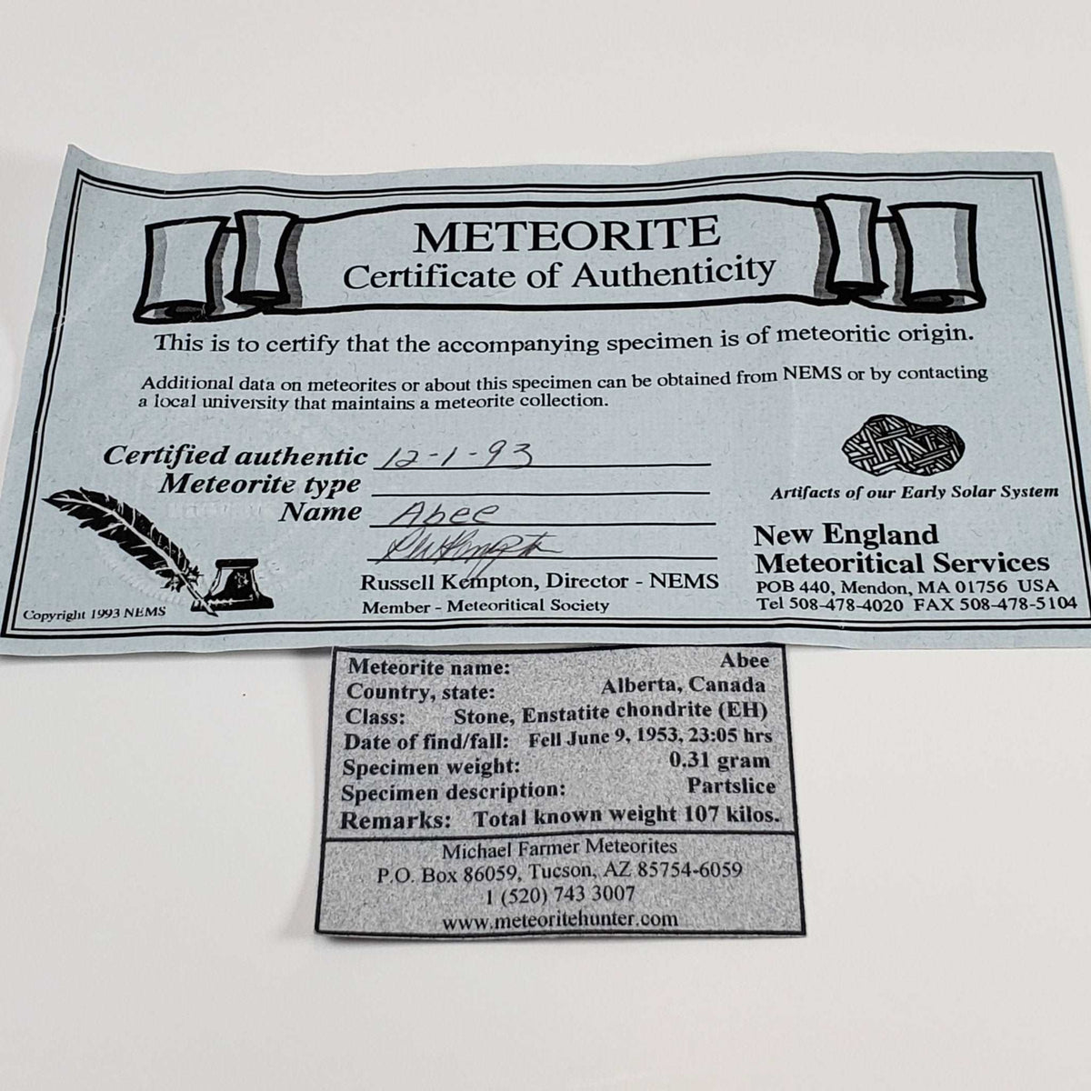  Abee Meteorite | 0.31gr | Part Slice | Rare Enstatite | EH4 Class | Observed Fall 1952 Canada | SO24 8