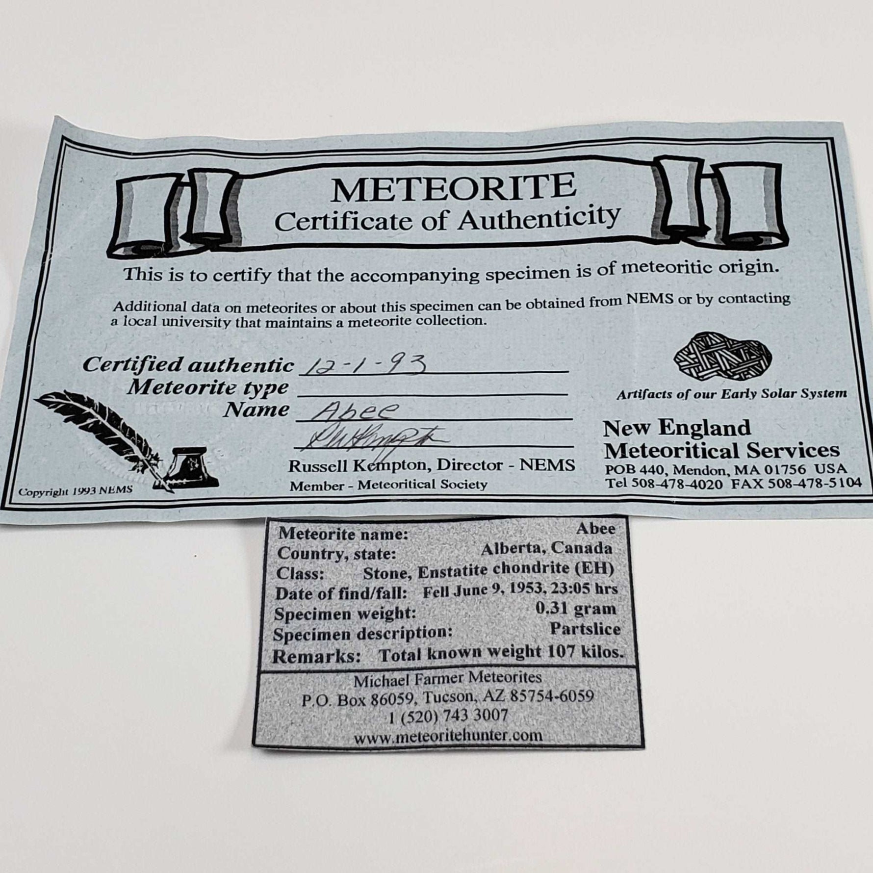  Abee Meteorite | 0.31gr | Part Slice | Rare Enstatite | EH4 Class | Observed Fall 1952 Canada | SO24 8