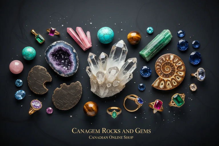 Meteorites, Gemstones, Crystals, Fossils and other rocks and jewelry at Canagem.com