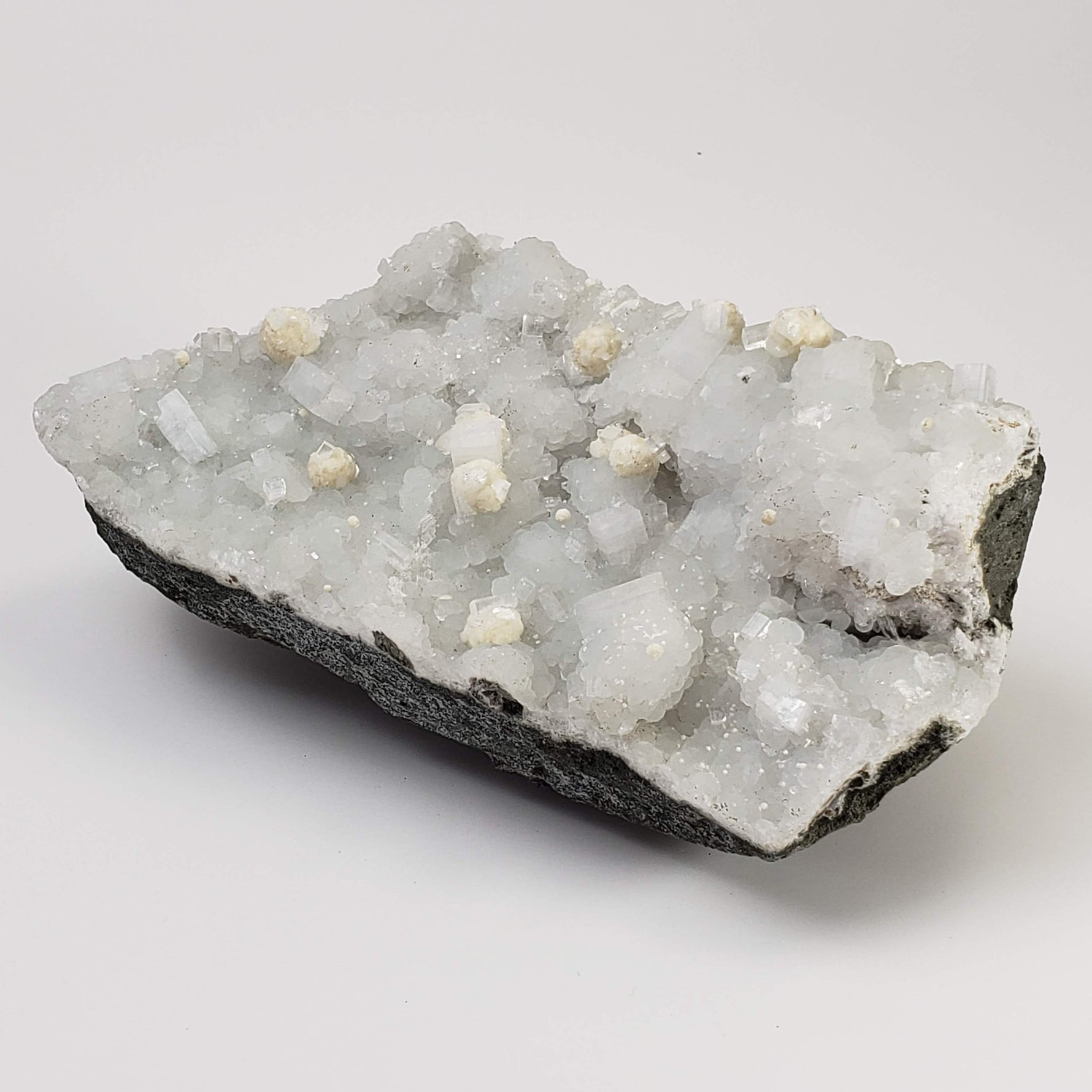  Gyrolite and Apophyllite on Prehnite Druze | 979 Grams | Mumbai, India 3