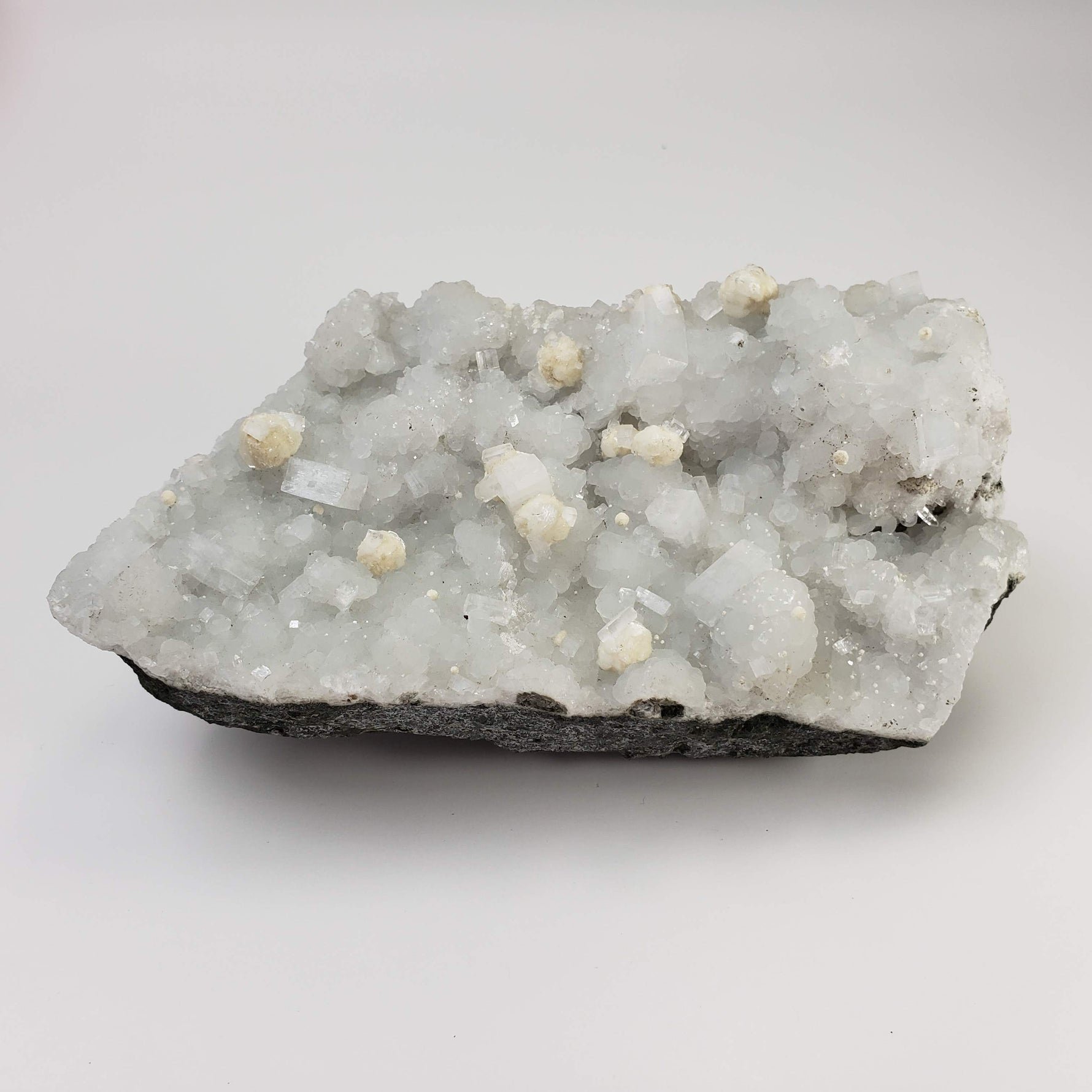  Gyrolite and Apophyllite on Prehnite Druze | 979 Grams | Mumbai, India 2