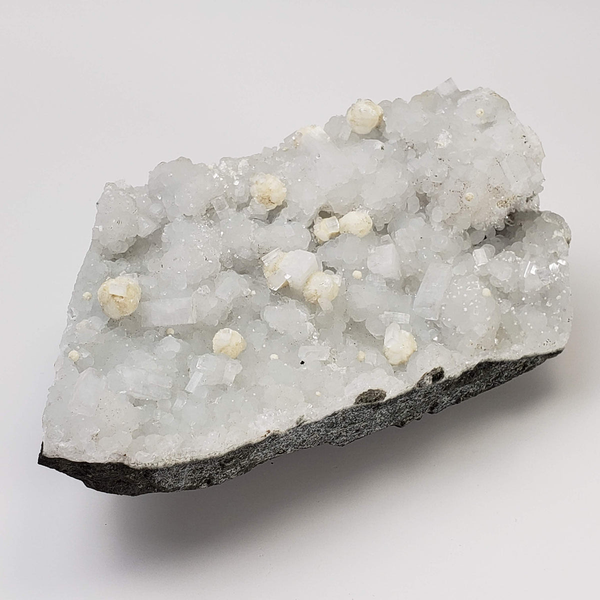  Gyrolite and Apophyllite on Prehnite Druze | 979 Grams | Mumbai, India 4