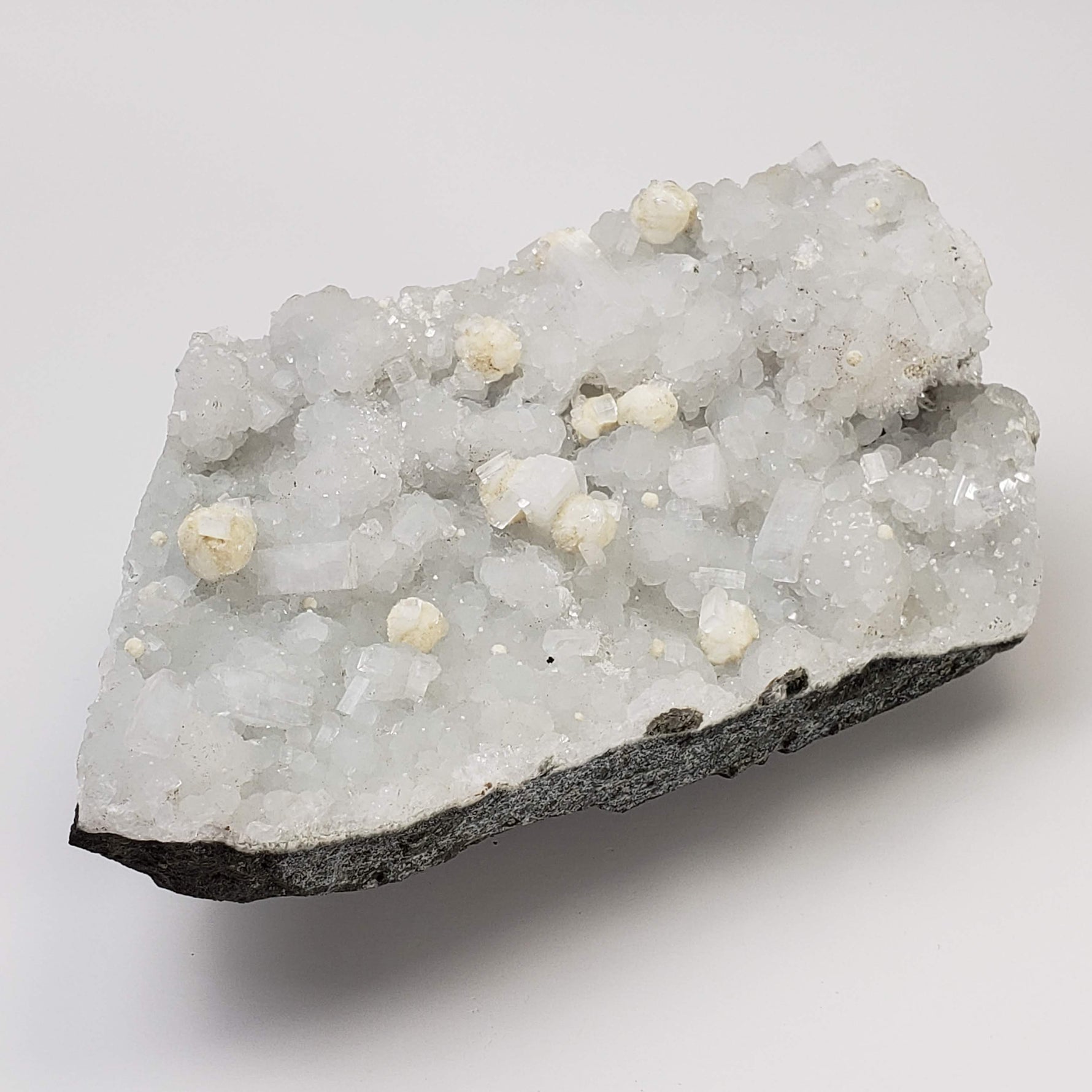  Gyrolite and Apophyllite on Prehnite Druze | 979 Grams | Mumbai, India 4