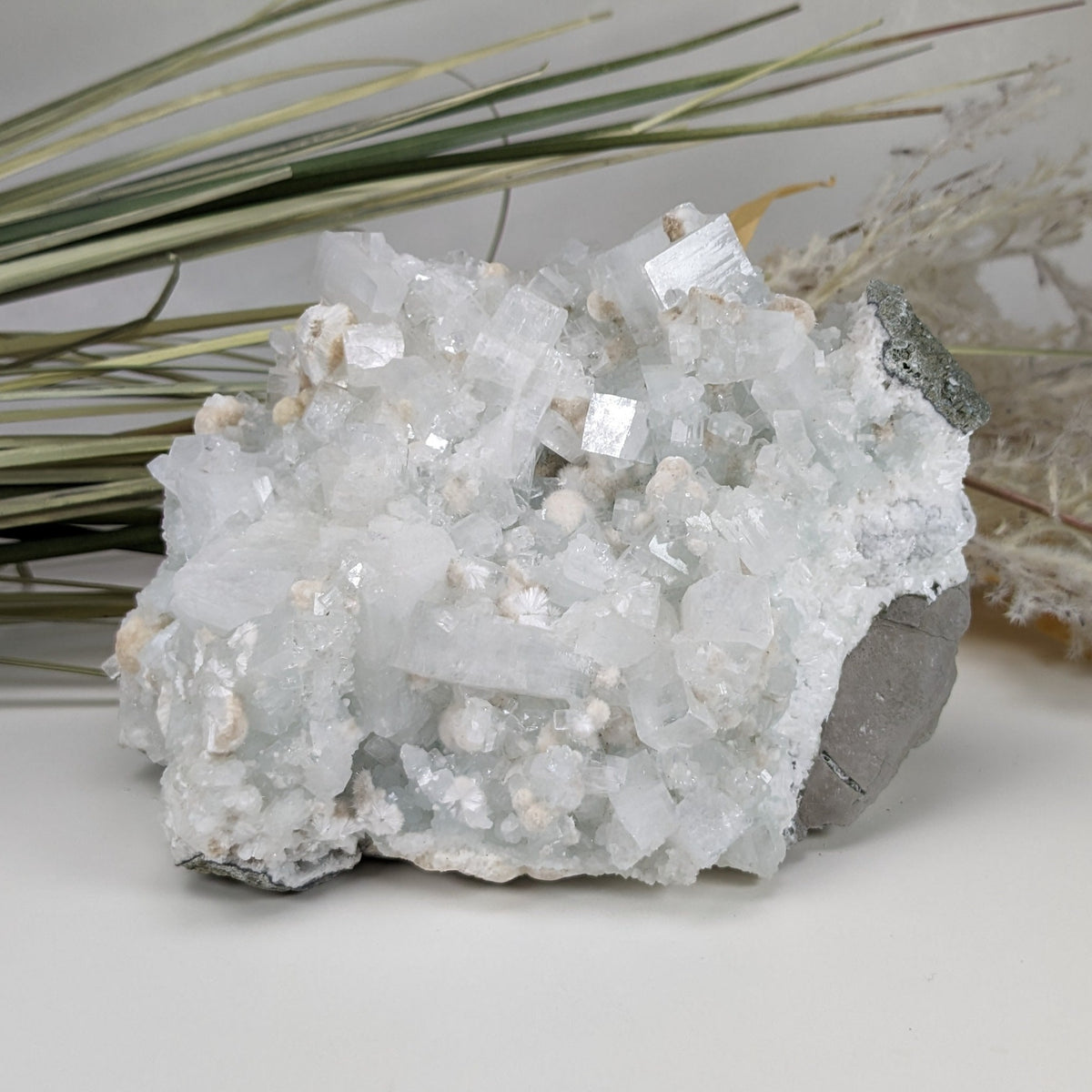 White Gyrolite, Cubic Apophyllite on Green Prehnite Crystal, 1.03 KG, Mumbai India