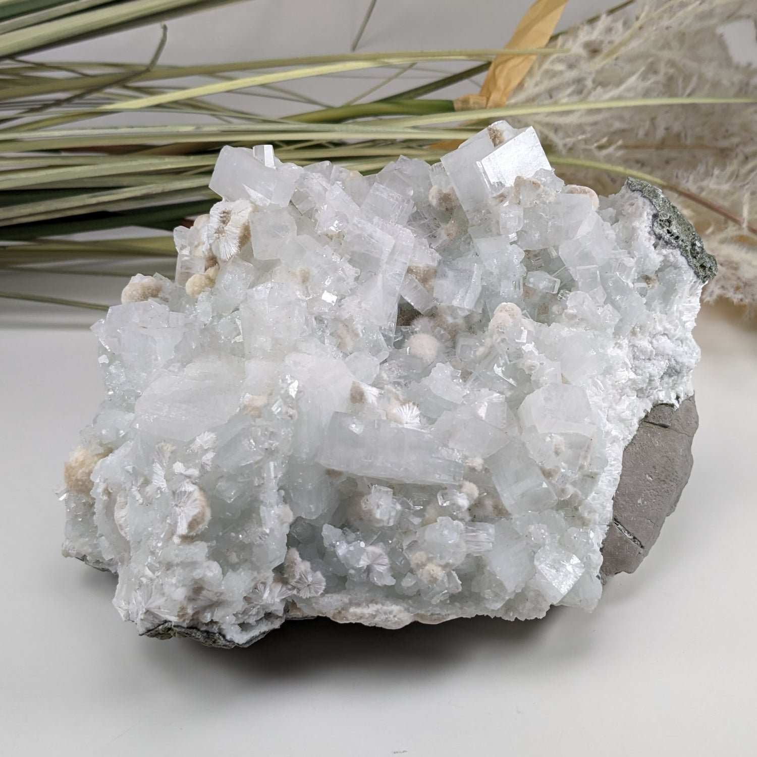 White Gyrolite, Cubic Apophyllite on Green Prehnite Crystal, 1.03 KG, Mumbai India