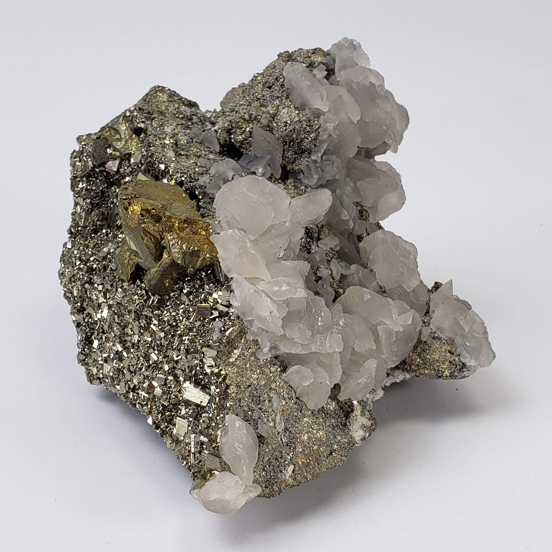  Pyrite Interlocking with Calcite | 865 gr | Huaron Mine, Peru 4