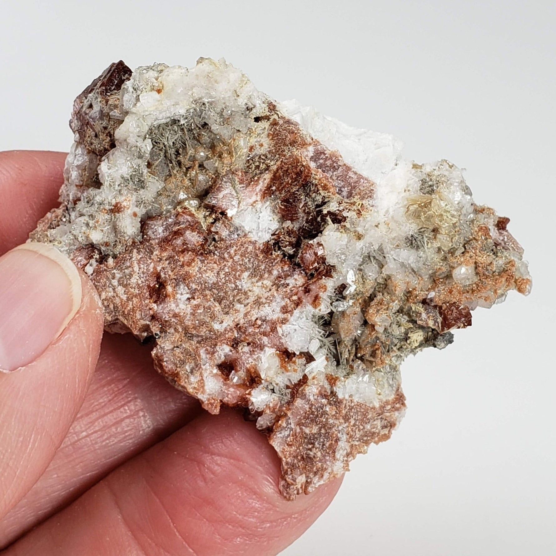  Rhodochrosite, Leifite and Elpidite on Albite Crystal | 41.5 grams | Mont Saint-Hilaire, Quebec, Canada 