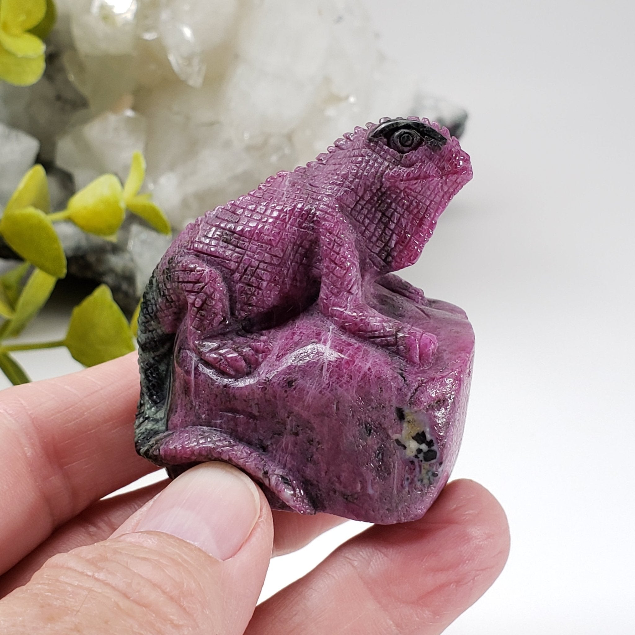 Ruby Zoisite Iguana Carving | Unheated, Natural, Fluorescent | 139 gr