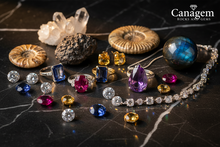 Collection of rocks, gems, and jewelry available at Canagem online Shop.