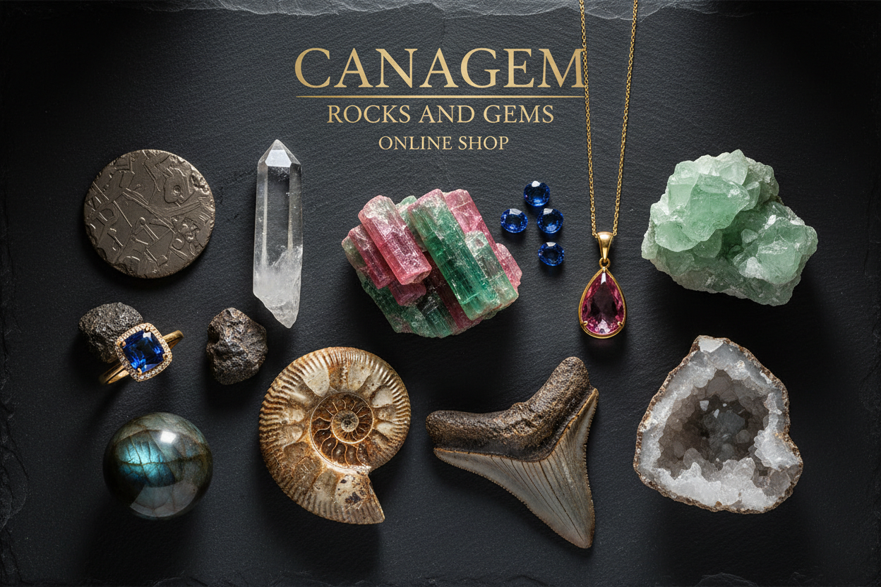 Collection of rocks, gems, and jewelry available at Canagem online Shop.