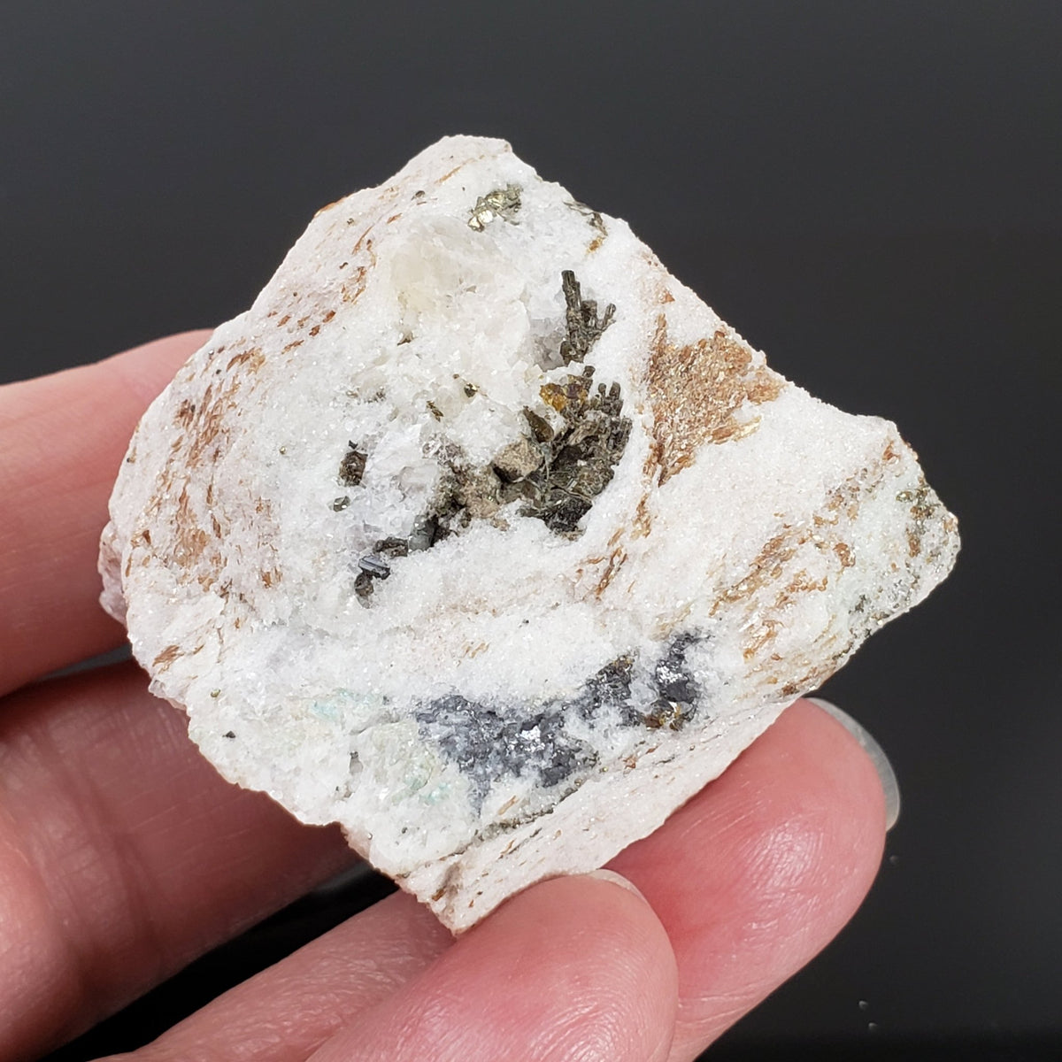   Pyrite, Dravite and Oellacherite on Dolomite | 85 grams | Binn Valley, Switzerland 