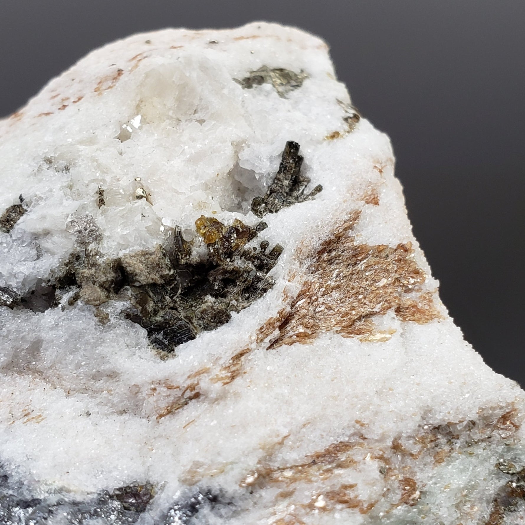   Pyrite, Dravite and Oellacherite on Dolomite | 85 grams | Binn Valley, Switzerland 