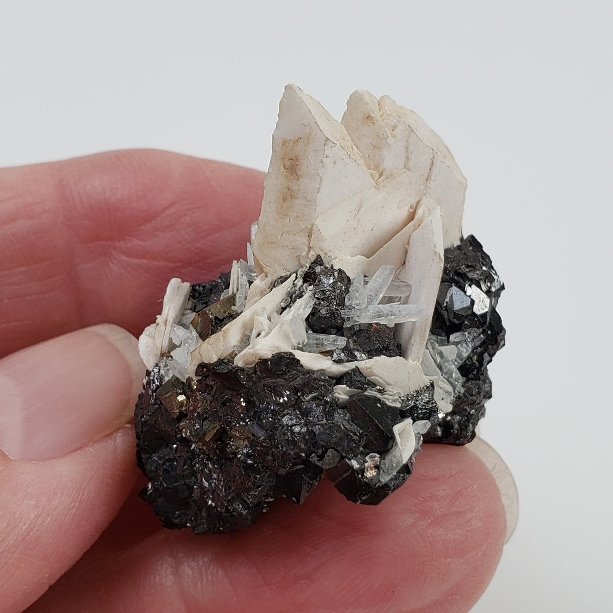  Tetrahedrite, Mangano Calcite, Quartz and Pyrite Cluster 23.3 Grams from Lima Peru 