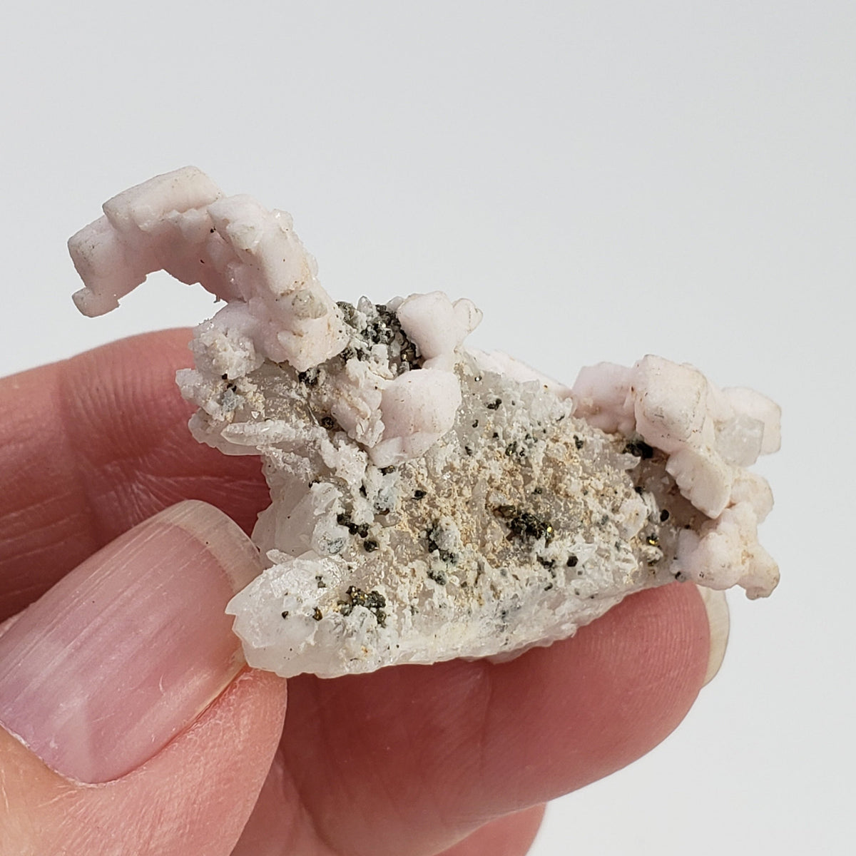  Mangano Calcite with Pyrite Crystal Cluster 9.77 Grams from Lima, Peru 