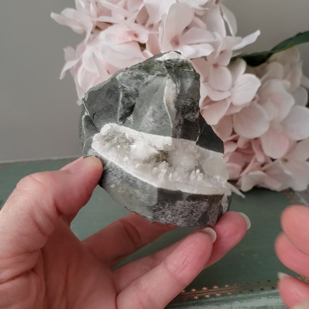 Mesolite Flowers on Quartz and Prehnite in Geode, 519 grams, Dindoshi