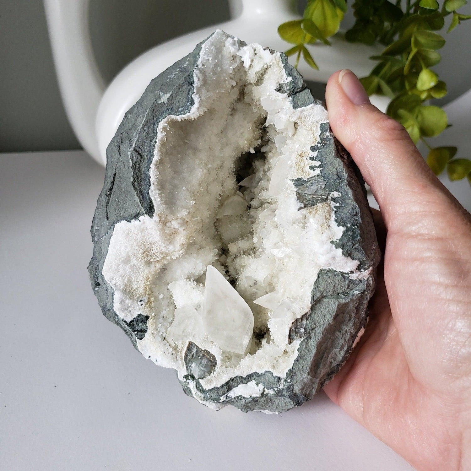  Dogtooth Calcite on Quartz with Laumontite in Geode | 1.34 KG | Dindoshi, India 