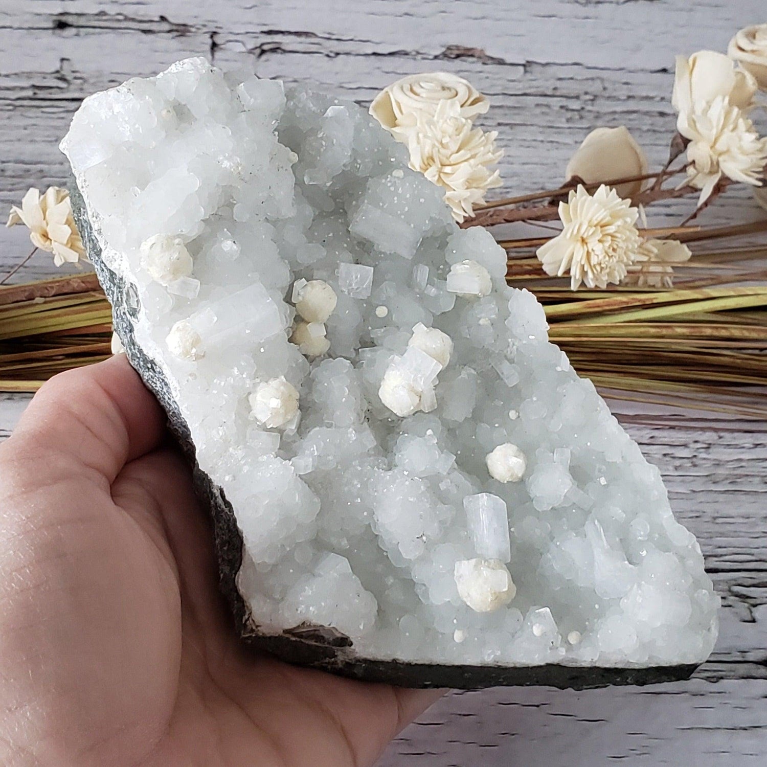  Gyrolite and Apophyllite on Prehnite Druze | 979 Grams | Mumbai, India 