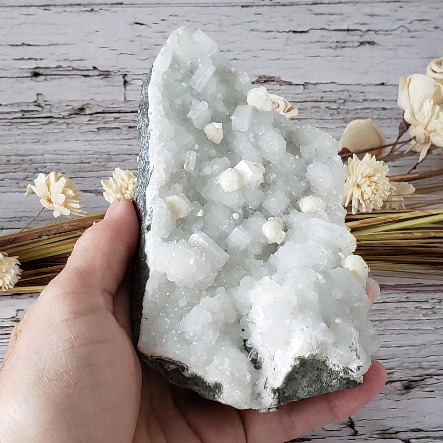  Gyrolite and Apophyllite on Prehnite Druze | 979 Grams | Mumbai, India 1