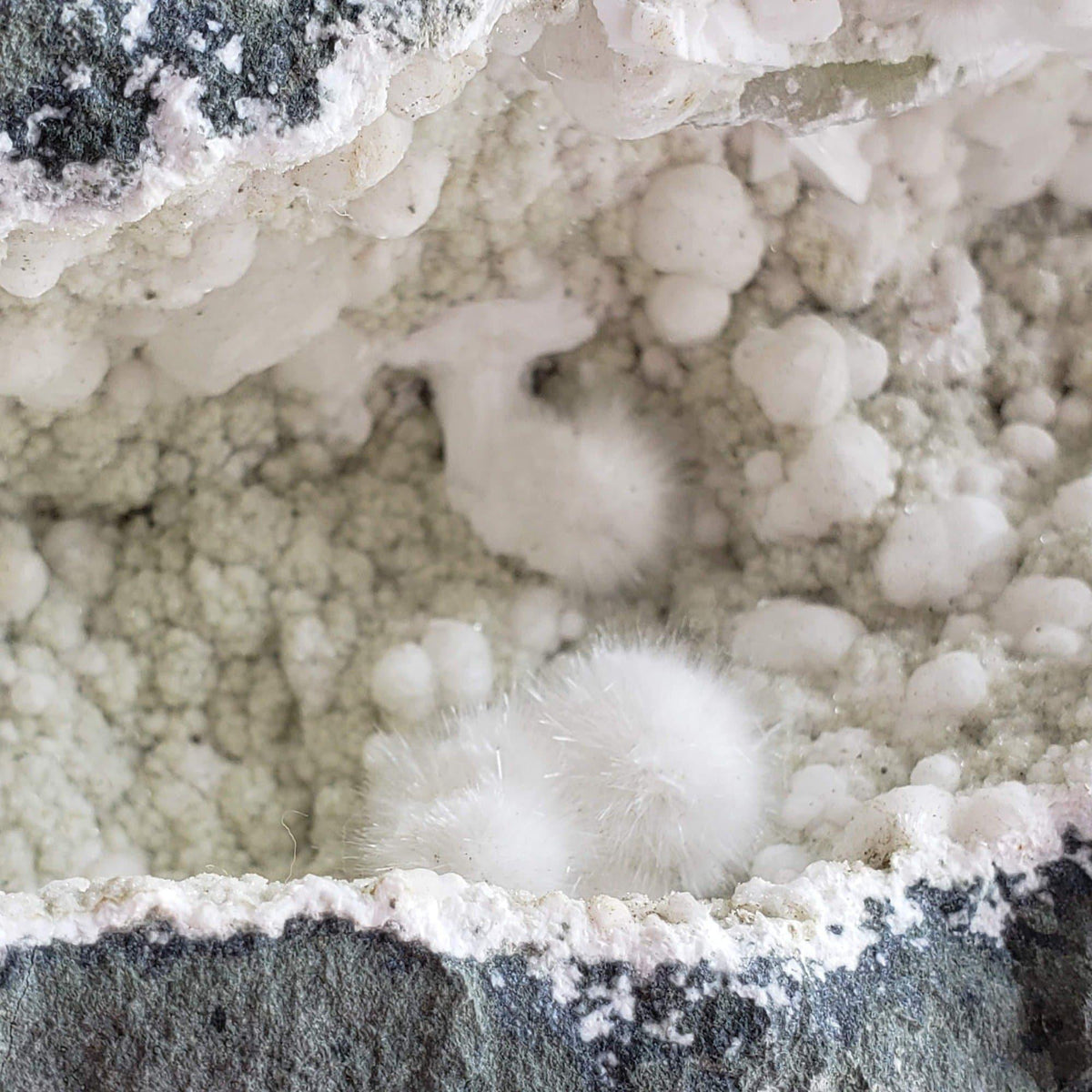  Okenite, Calcite, Prehnite and Smoky Quartz in Geode | 796 grams | Dindoshi, India 4