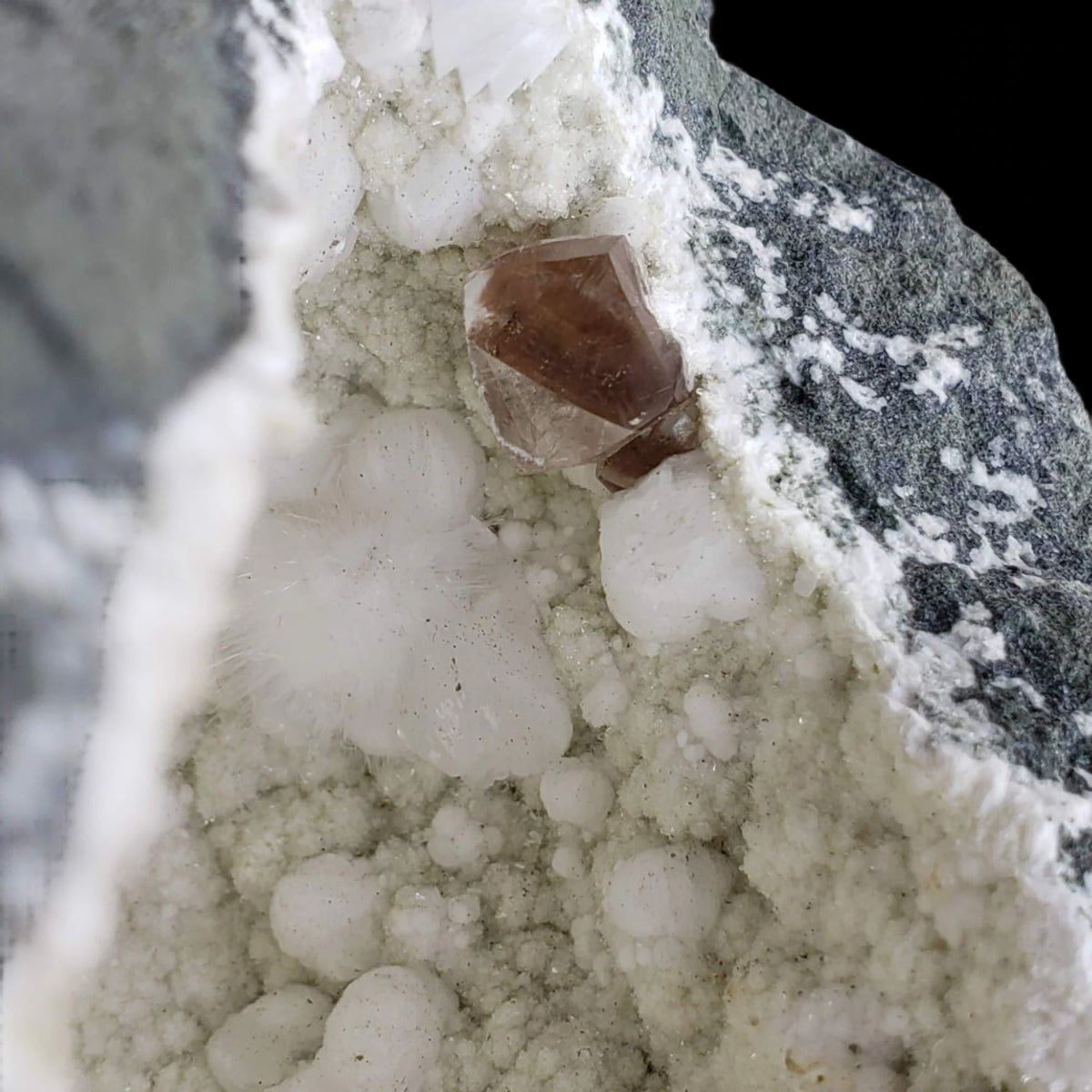  Okenite, Calcite, Prehnite and Smoky Quartz in Geode | 796 grams | Dindoshi, India 5