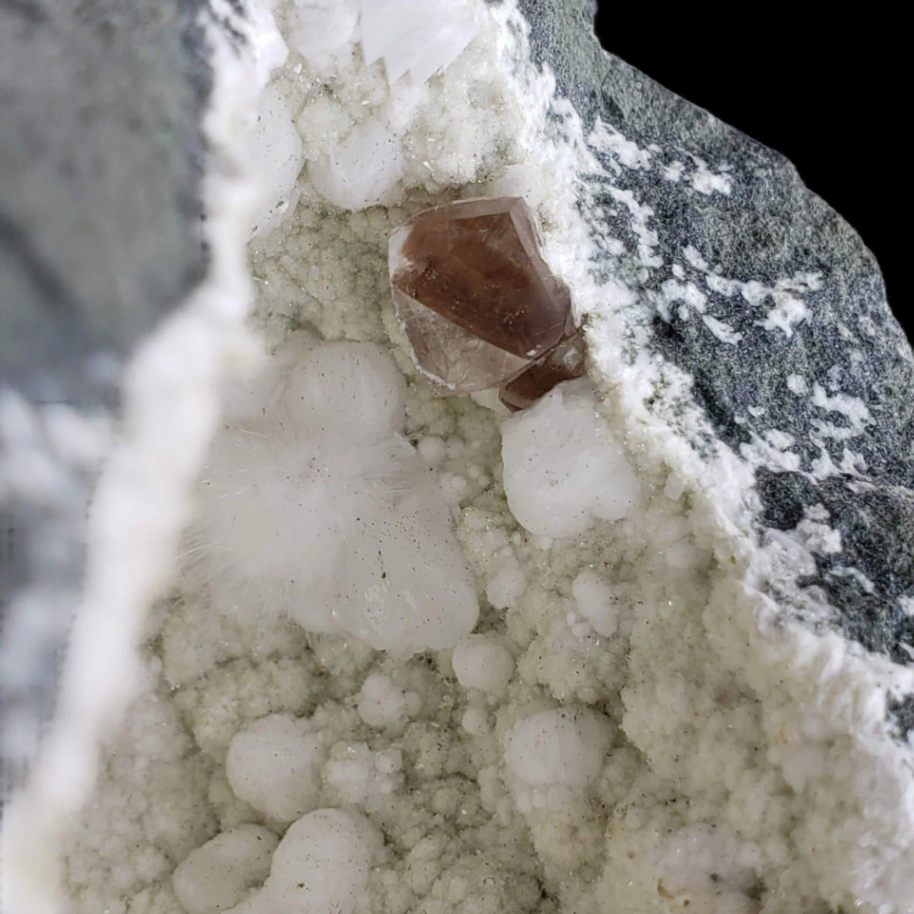  Okenite, Calcite, Prehnite and Smoky Quartz in Geode | 796 grams | Dindoshi, India 5