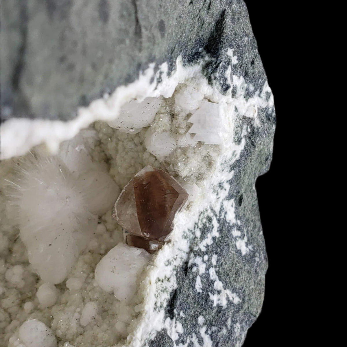  Okenite, Calcite, Prehnite and Smoky Quartz in Geode | 796 grams | Dindoshi, India 2