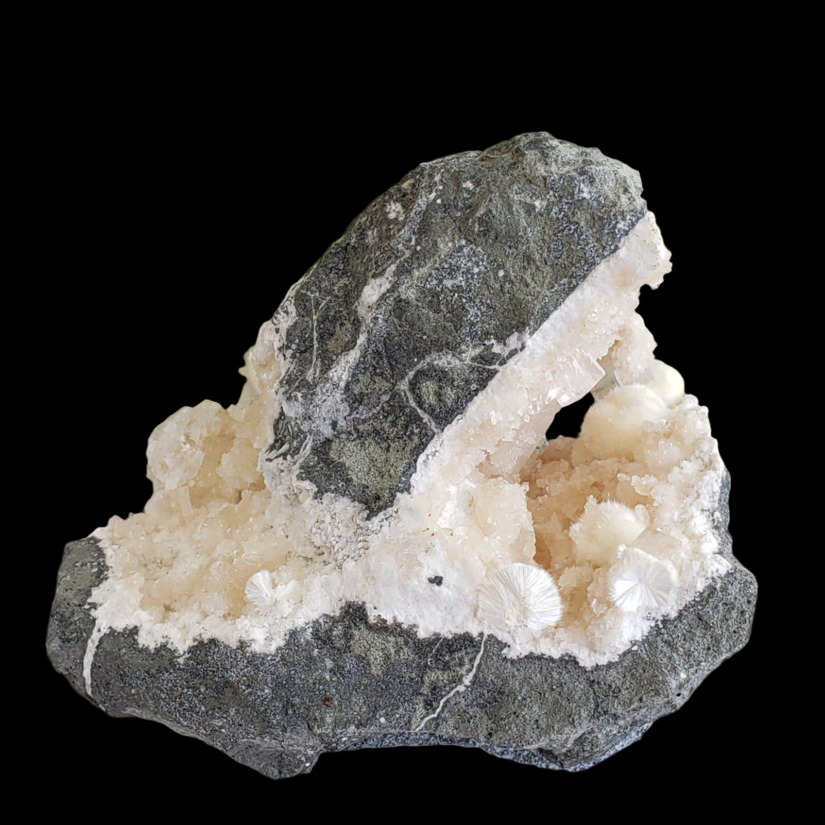  Okenite and Apophyllite on Prehnite in Geode | 1.38 Kg | Dindoshi, India 