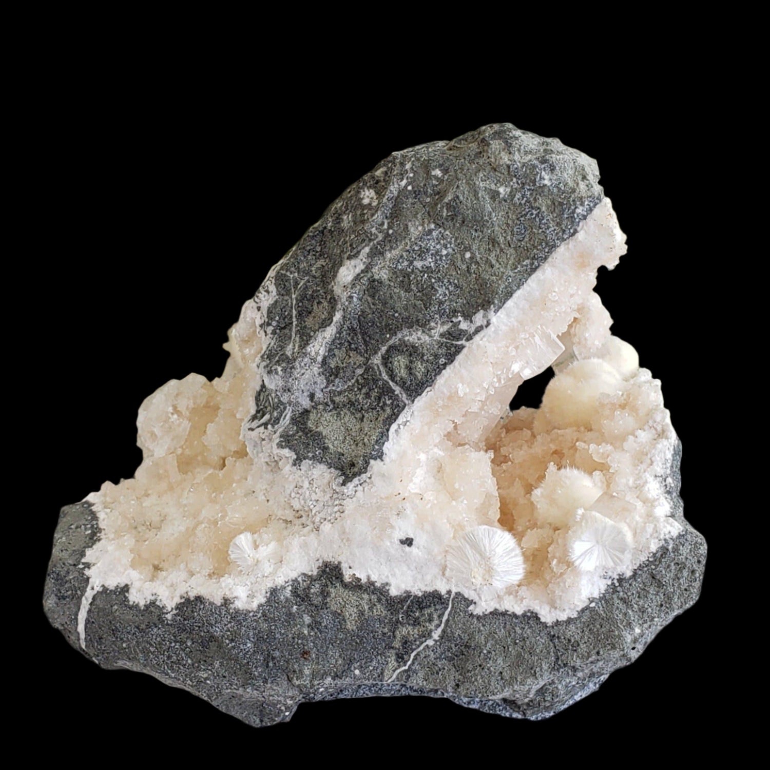  Okenite and Apophyllite on Prehnite in Geode | 1.38 Kg | Dindoshi, India 