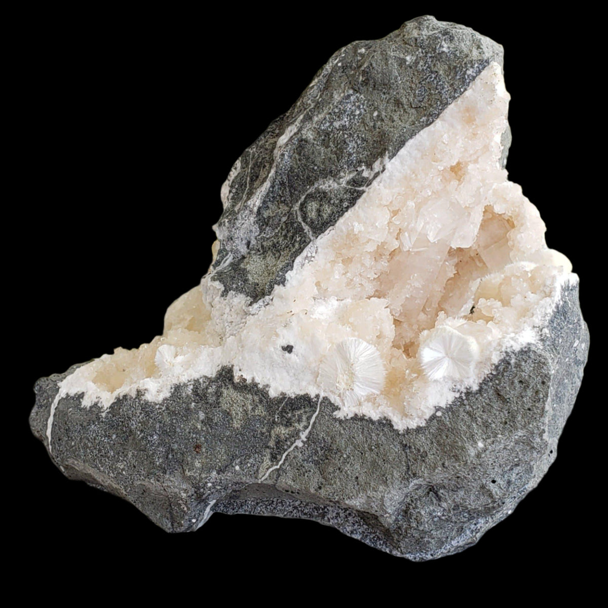  Okenite and Apophyllite on Prehnite in Geode | 1.38 Kg | Dindoshi, India 3