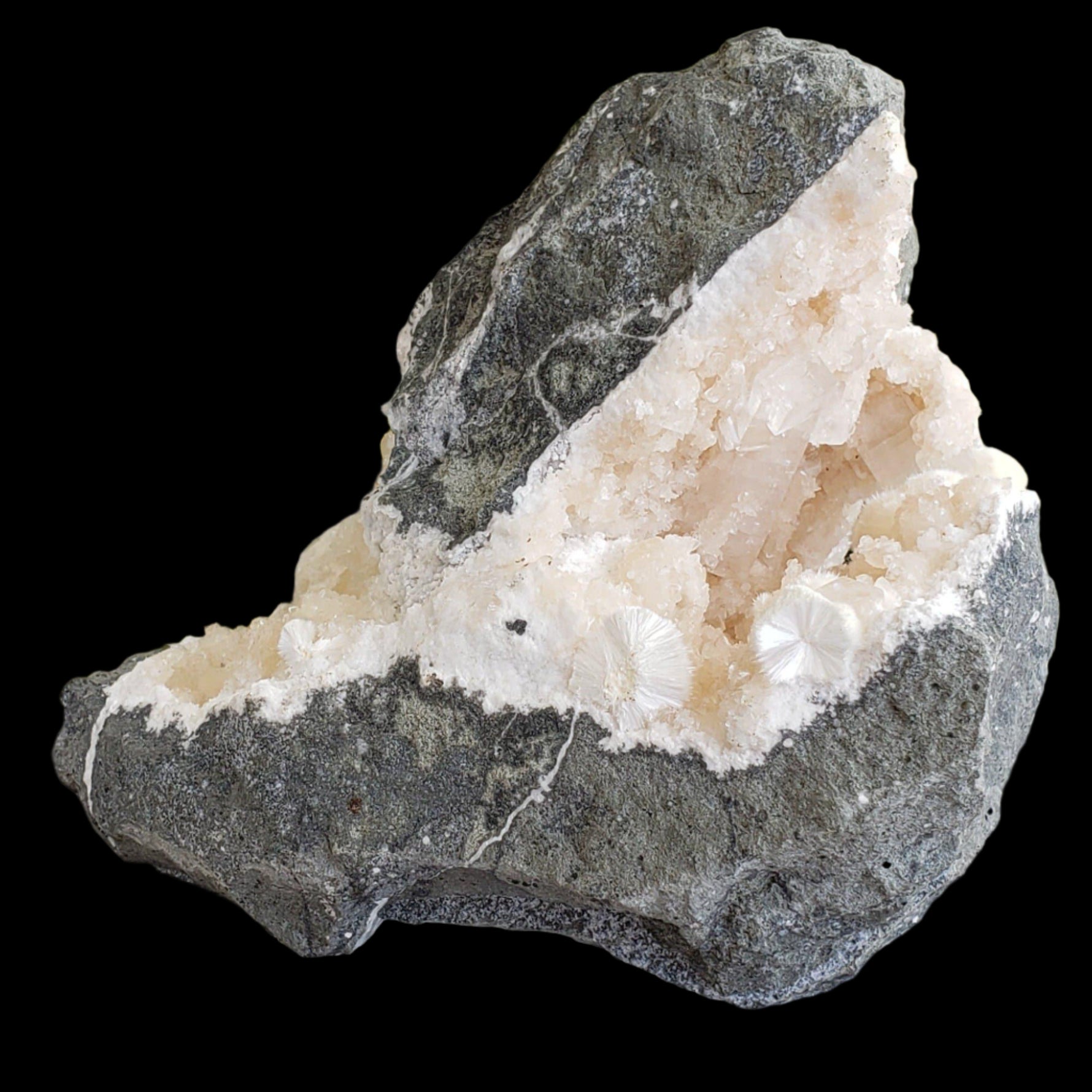  Okenite and Apophyllite on Prehnite in Geode | 1.38 Kg | Dindoshi, India 3