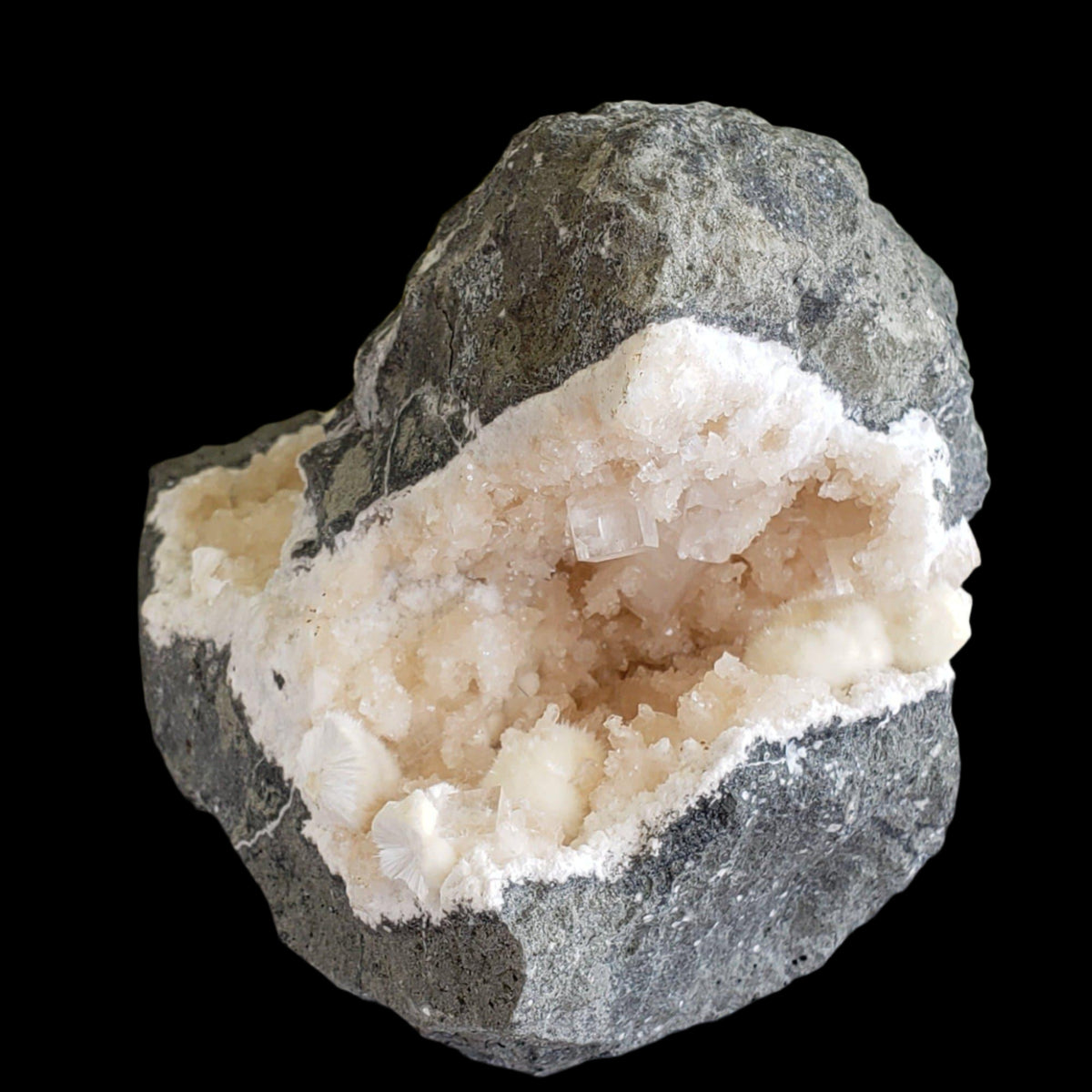  Okenite and Apophyllite on Prehnite in Geode | 1.38 Kg | Dindoshi, India 4