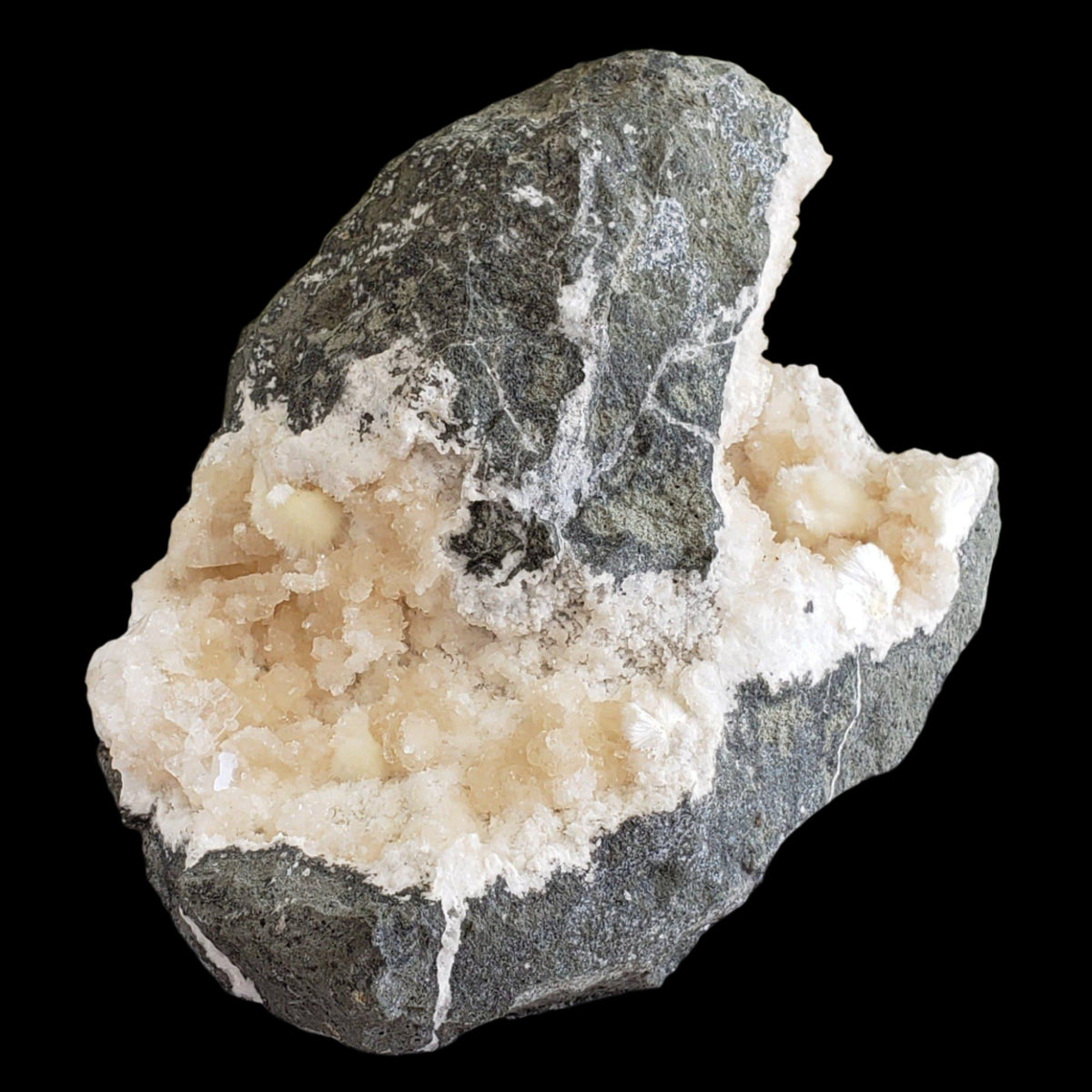  Okenite and Apophyllite on Prehnite in Geode | 1.38 Kg | Dindoshi, India 5