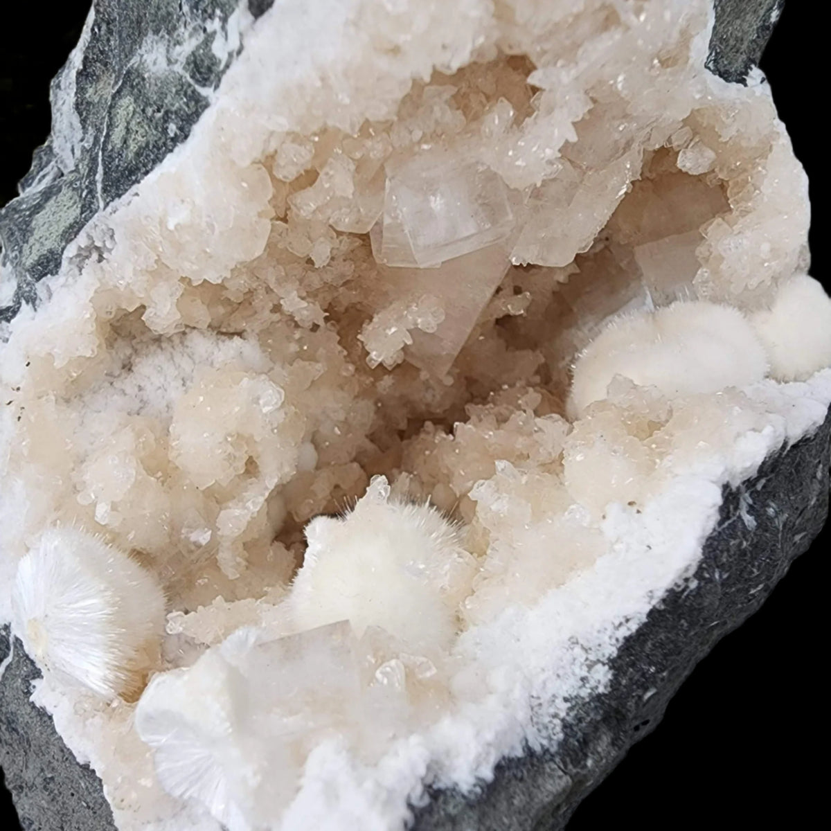  Okenite and Apophyllite on Prehnite in Geode | 1.38 Kg | Dindoshi, India 1