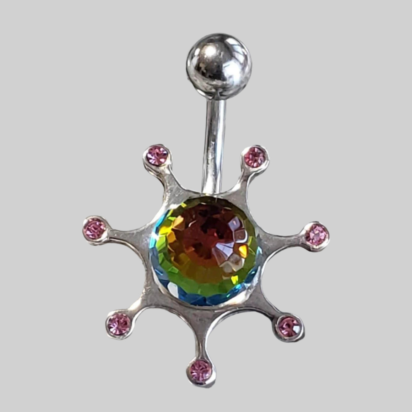  Silver Body Jewelry | Belly Ring | Surgical Steel and 925 Silver | Rainbow and Tourmaline Crystal 