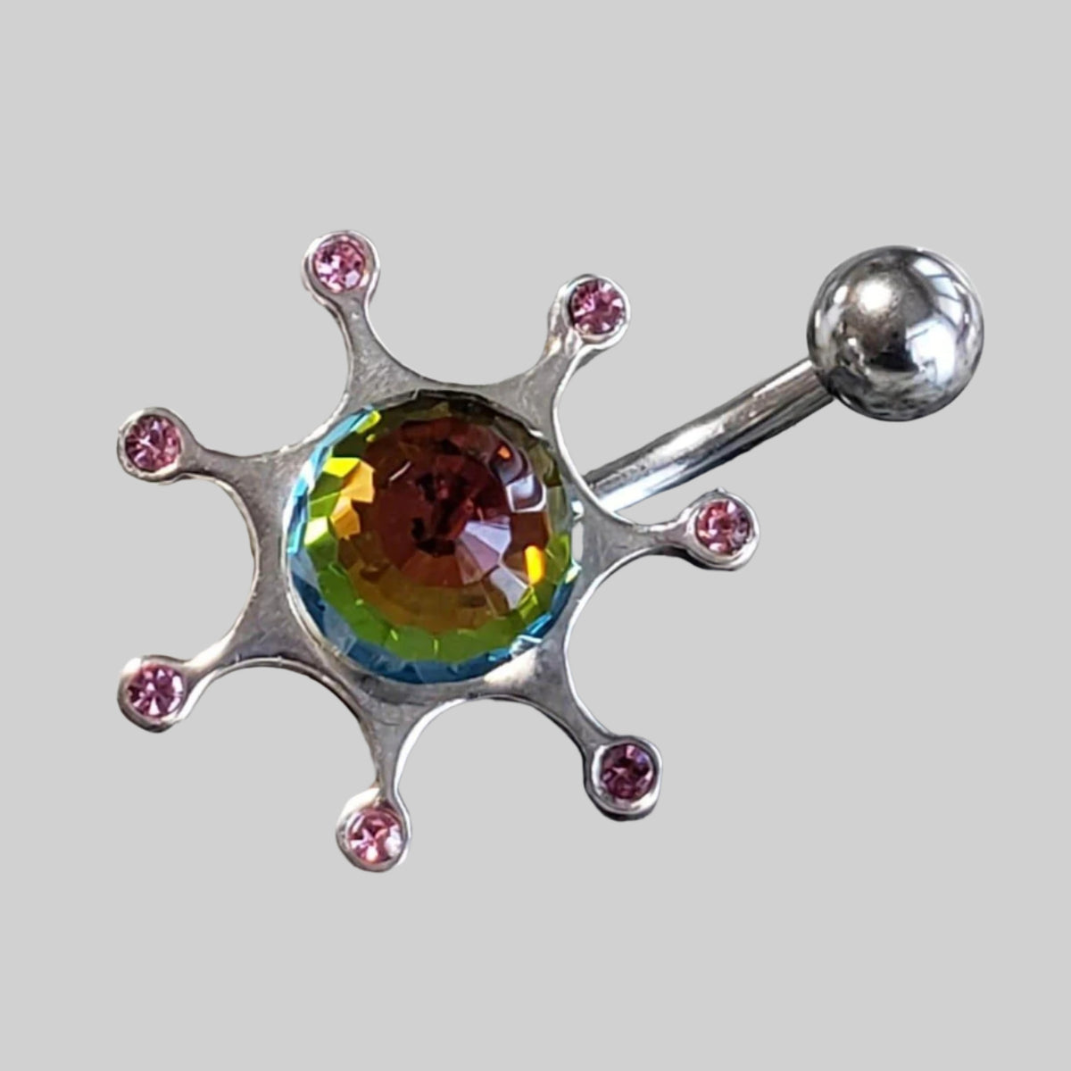 Silver Body Jewelry | Belly Ring | Surgical Steel and 925 Silver | Rainbow and Tourmaline Crystal 1