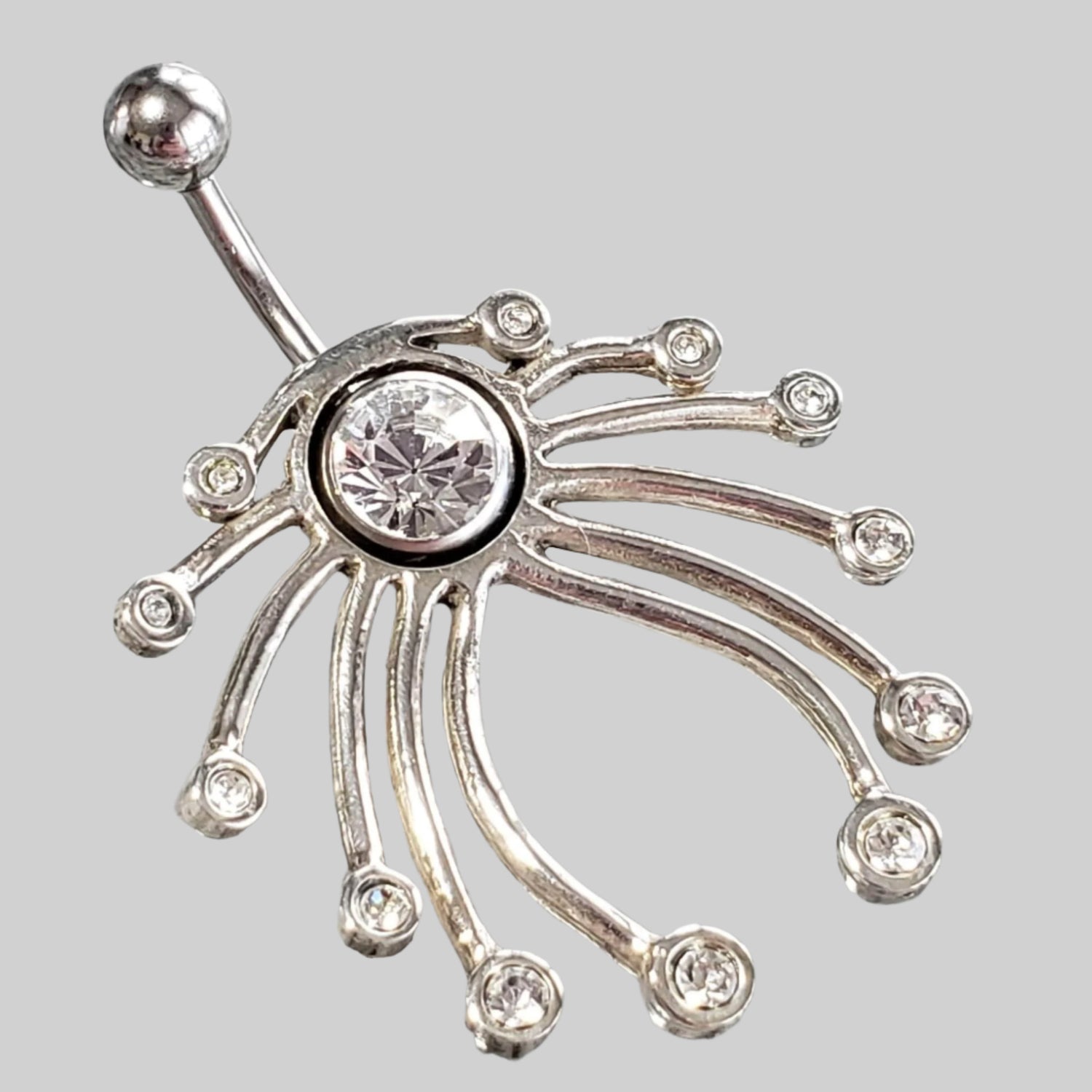  Silver Body Jewelry | Belly Ring with Navel Shield | Surgical Steel and 925 Silver | White Sapphire Crystal 