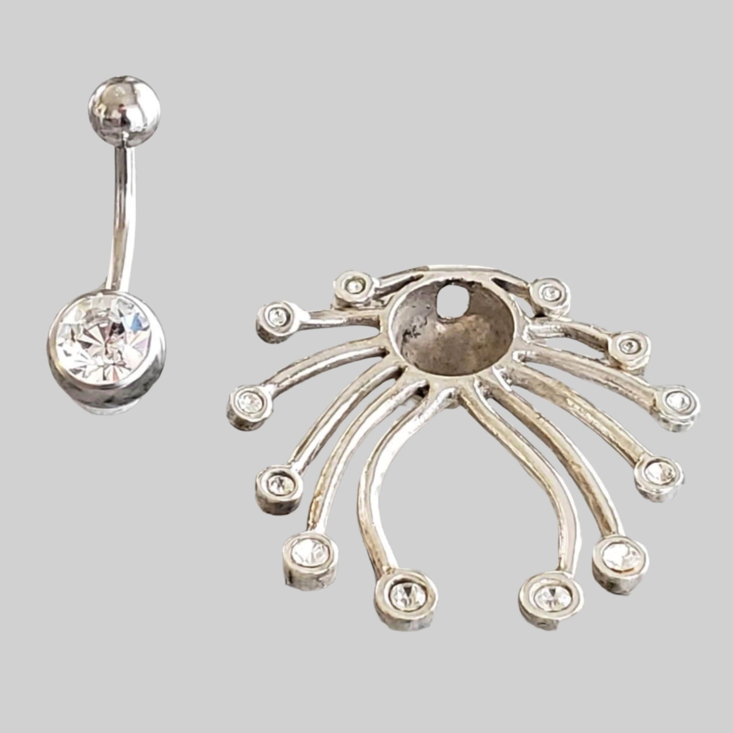  Silver Body Jewelry | Belly Ring with Navel Shield | Surgical Steel and 925 Silver | White Sapphire Crystal 1