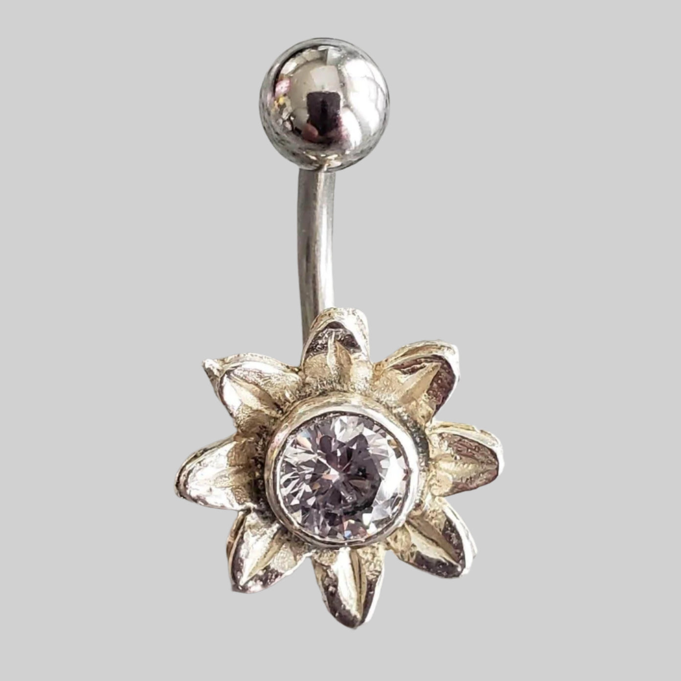  Silver Body Jewelry | Buttercup Belly Ring | Surgical Steel and 925 Silver | White Sapphire Crystal 