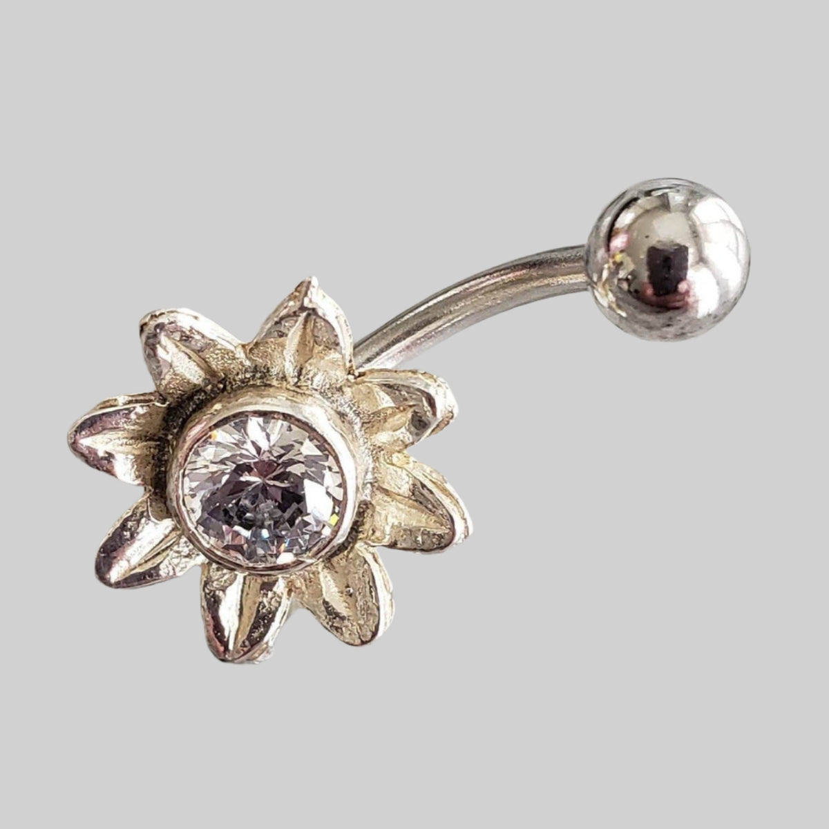  Silver Body Jewelry | Buttercup Belly Ring | Surgical Steel and 925 Silver | White Sapphire Crystal 1