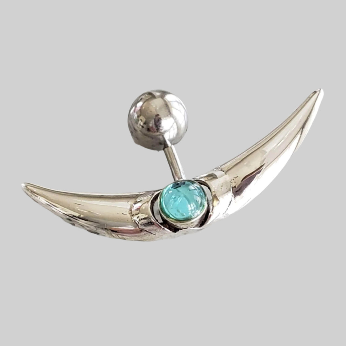  Silver Body Jewelry | Crescent Reverse Belly Ring | Surgical Steel and 925 Silver | Aquamarine Crystal 