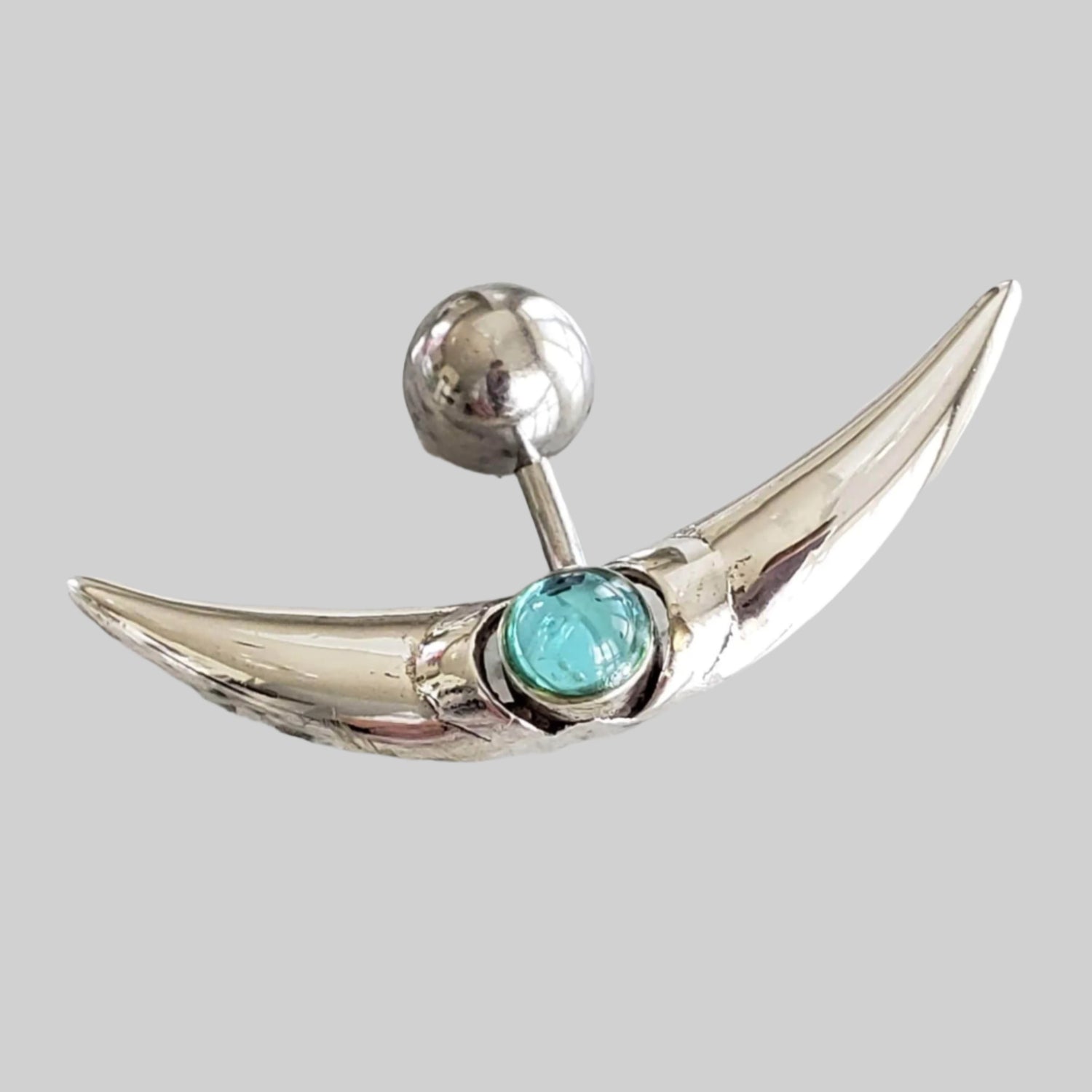  Silver Body Jewelry | Crescent Reverse Belly Ring | Surgical Steel and 925 Silver | Aquamarine Crystal 