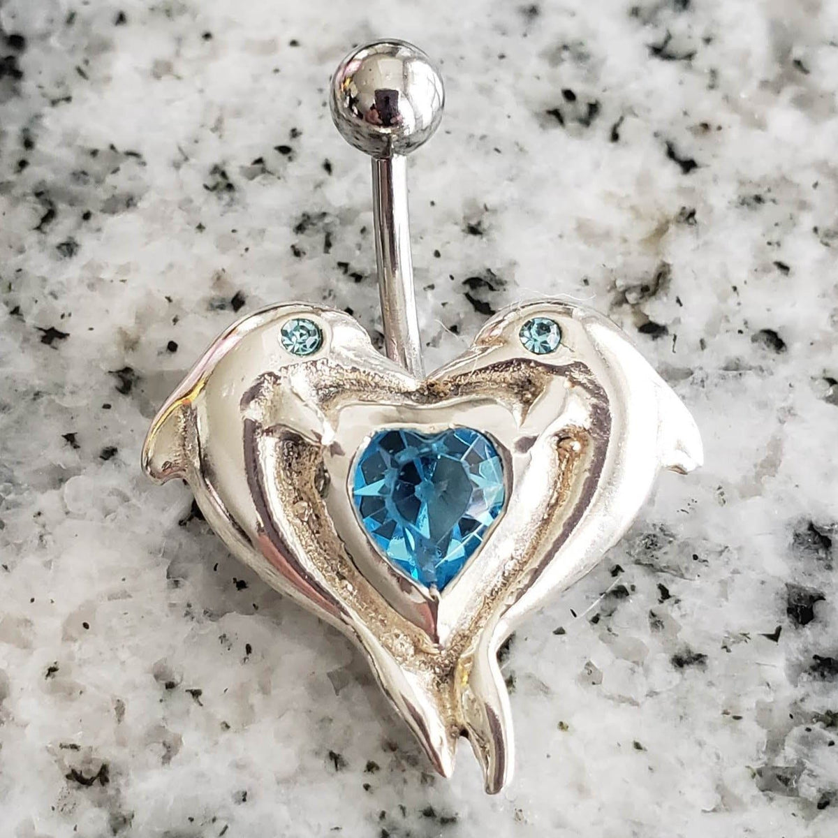  Silver Body Jewelry | Dolphin Belly Ring | Surgical Steel and 925 Silver | Aquamarine Crystal | SO24 
