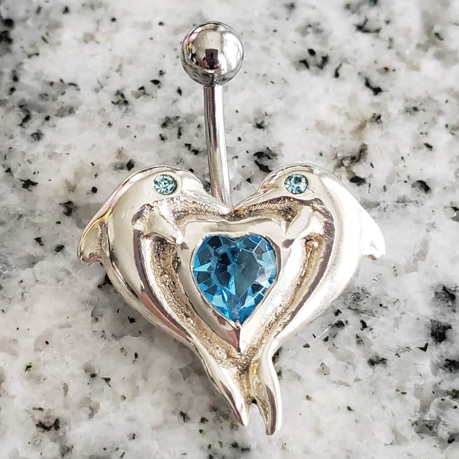  Silver Body Jewelry | Dolphin Belly Ring | Surgical Steel and 925 Silver | Aquamarine Crystal | SO24 