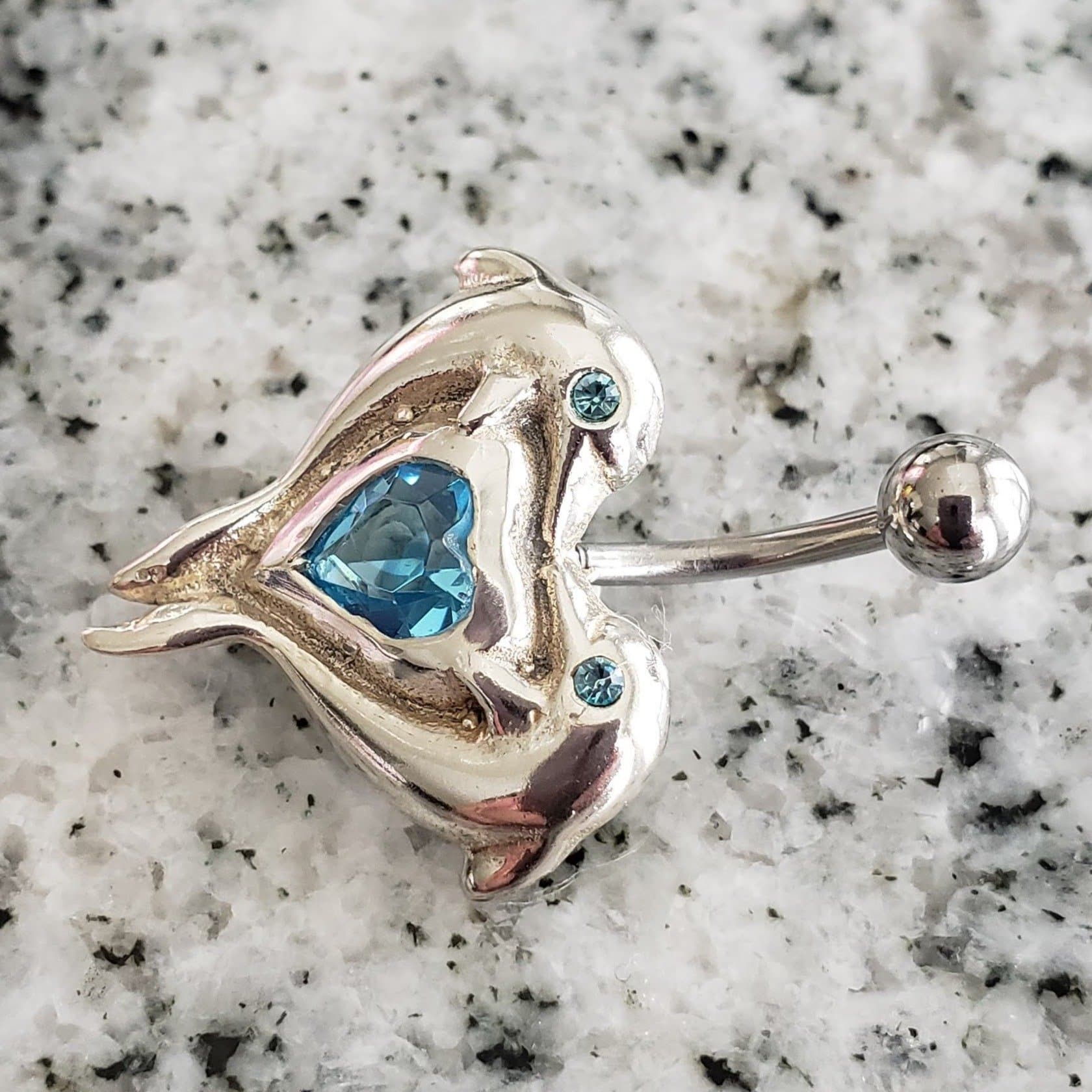  Silver Body Jewelry | Dolphin Belly Ring | Surgical Steel and 925 Silver | Aquamarine Crystal | SO24 1