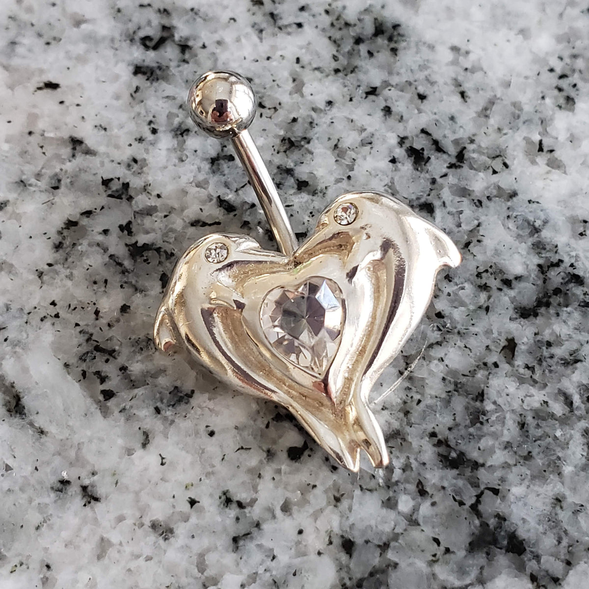  Silver Body Jewelry | Dolphin Belly Ring | Surgical Steel and 925 Silver | White Sapphire Crystal | SO24 