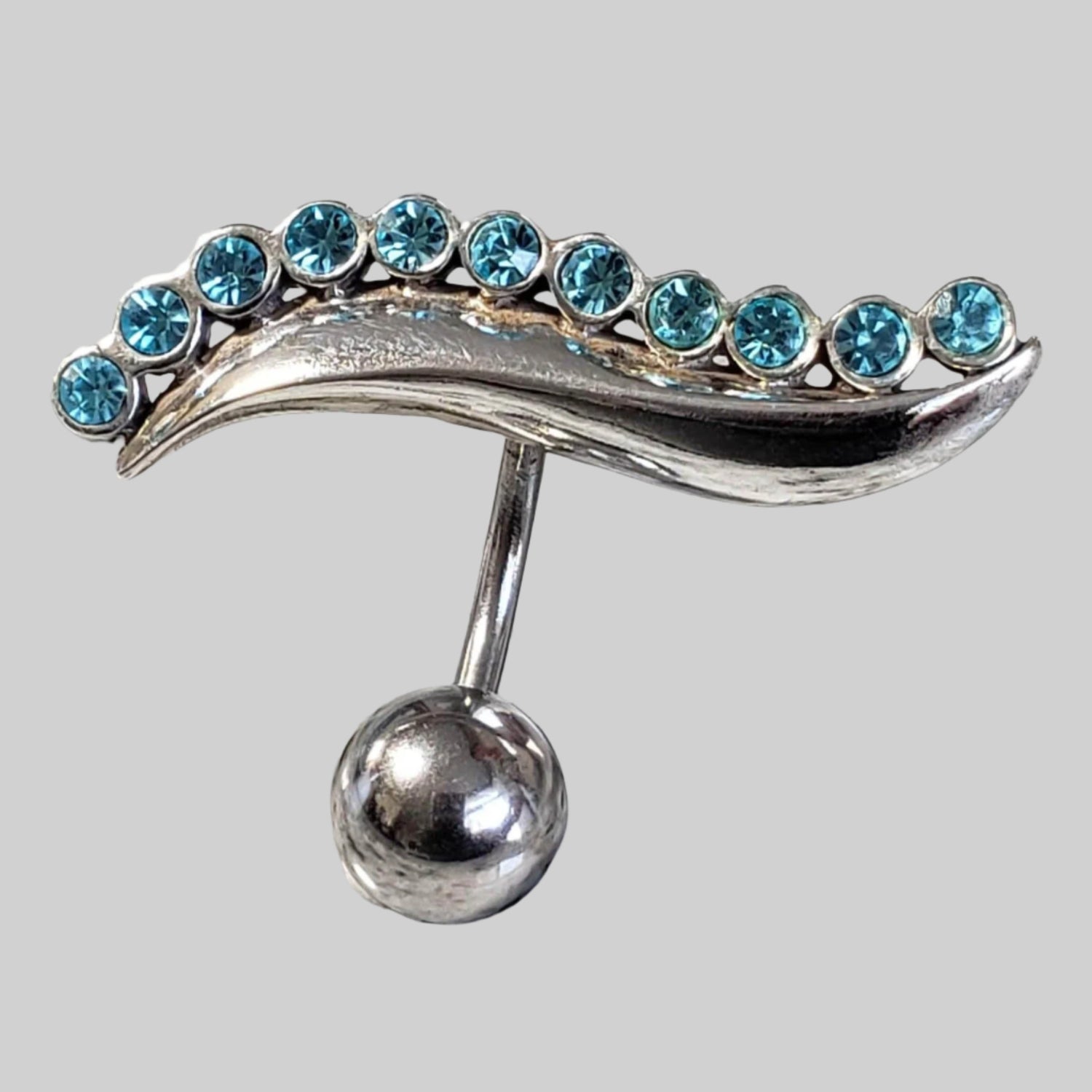  Silver Body Jewelry | Eyelash Reverse Belly Ring | Surgical Steel and 925 Silver | Aquamarine Crystal 