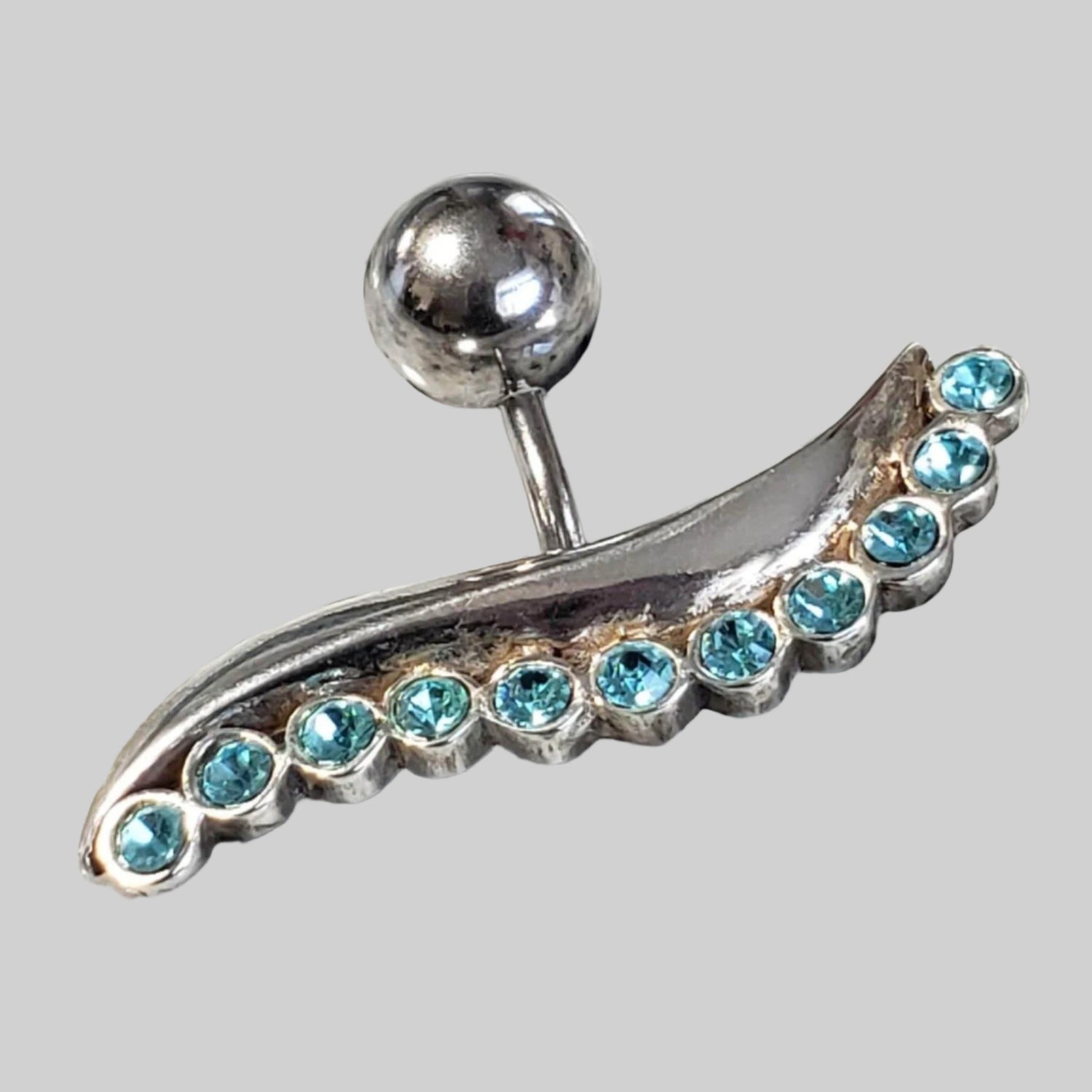  Silver Body Jewelry | Eyelash Reverse Belly Ring | Surgical Steel and 925 Silver | Aquamarine Crystal 1