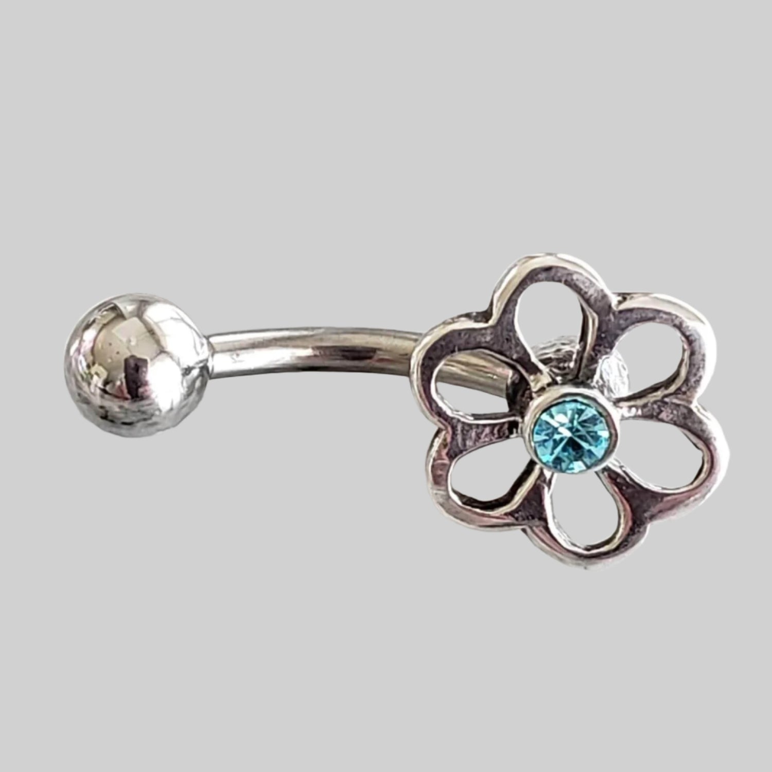  Silver Body Jewelry | Flower Belly Ring | Surgical Steel and 925 Silver | Aquamarine Crystal 