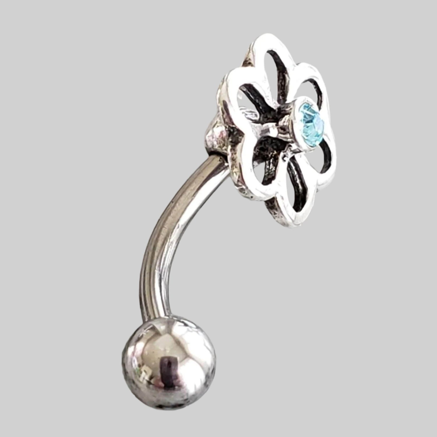  Silver Body Jewelry | Flower Belly Ring | Surgical Steel and 925 Silver | Aquamarine Crystal 1